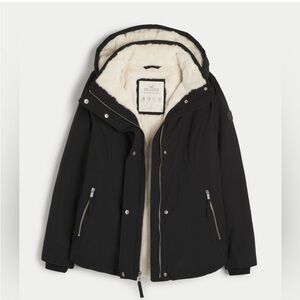 Hollister All Weather Faux Fur Lined Black Jacket with Cream Interior